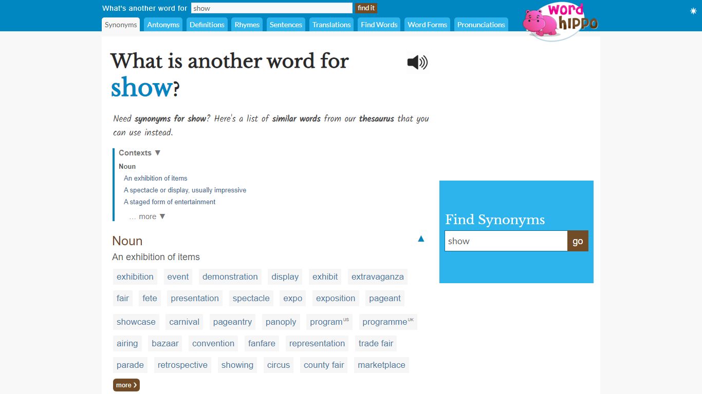What is another word for show? | Show Synonyms - WordHippo
